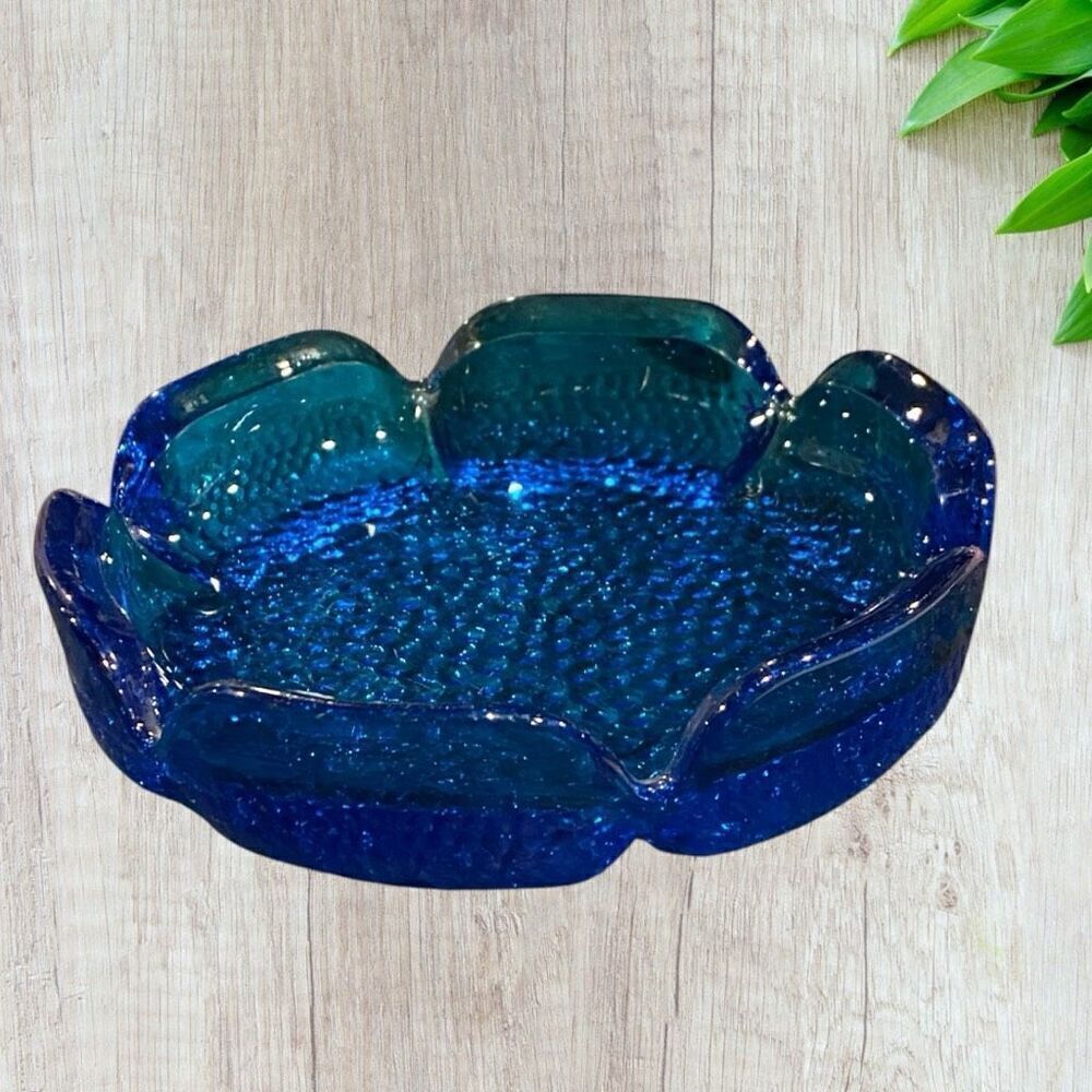 Vintage Blue Glass Blenko Ashtray maximalist 70’s decor